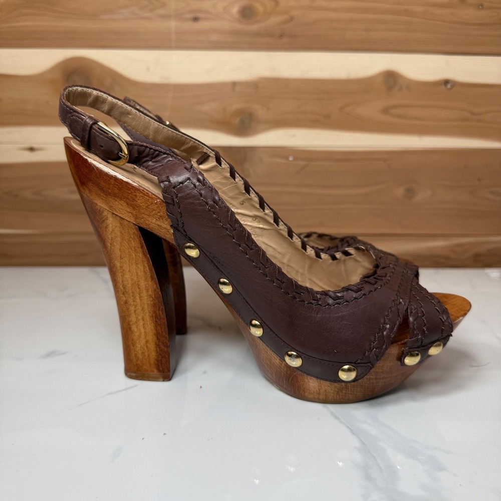 Dione Chuncky Wooden Heel Platform Sandals Leather Straps Brown Size 7.5 - Picture 6 of 13